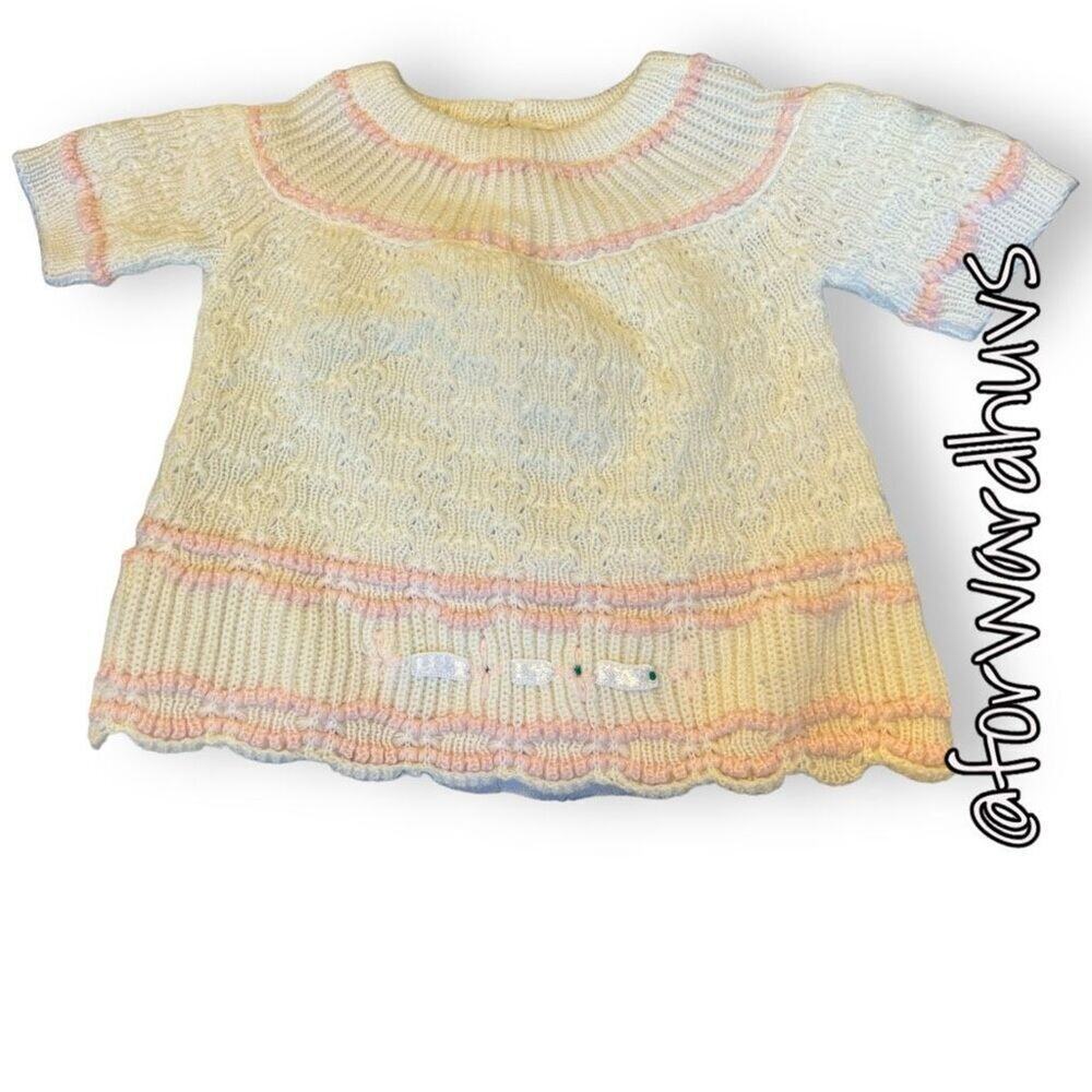 My Little Self Vintage White & Pink Knit Baby Sweater / Dress Size 18 M
